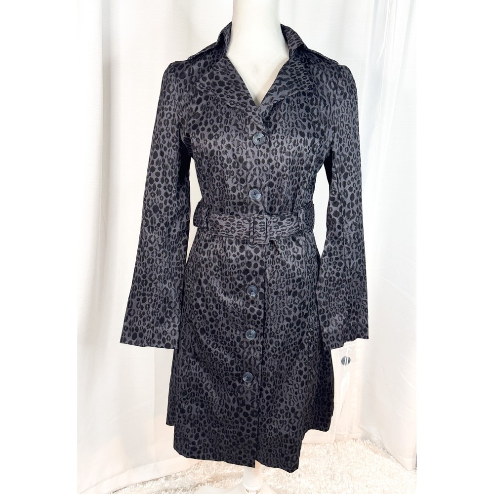 Kirna Zabete Target Trench Coat XS Gray Black Lip Stick Kiss Leopard Belted NWT